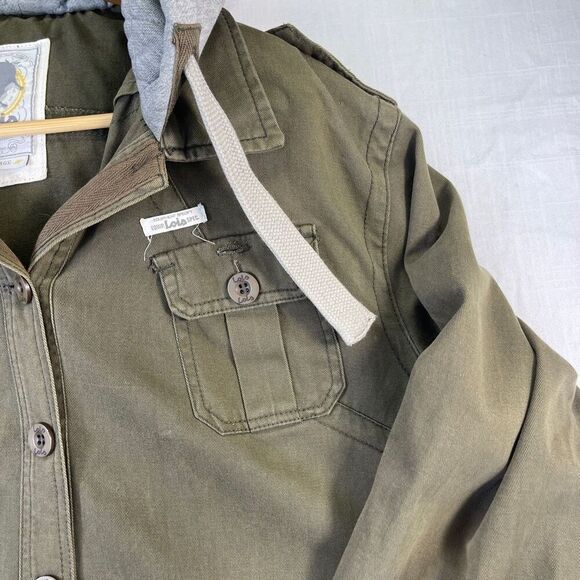 Lois Olive Green Gray Hooded Button Front Cotton Military Jean Jacket Size XL - Picture 4 of 10